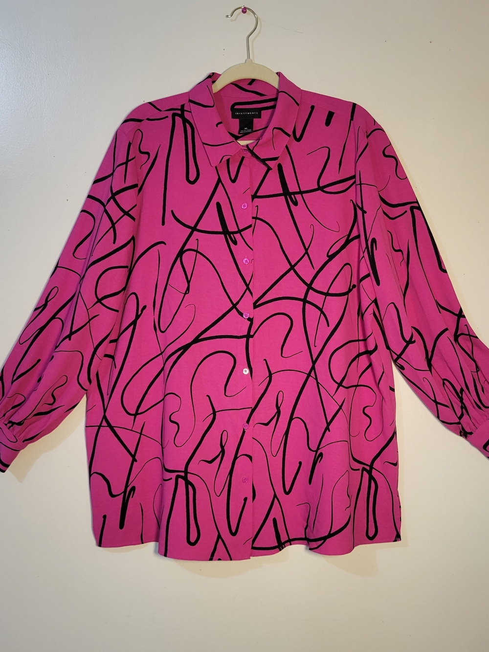Investments (Women's XL) Pink Abstract Print Balloon Sleeve Button-Front Blouse